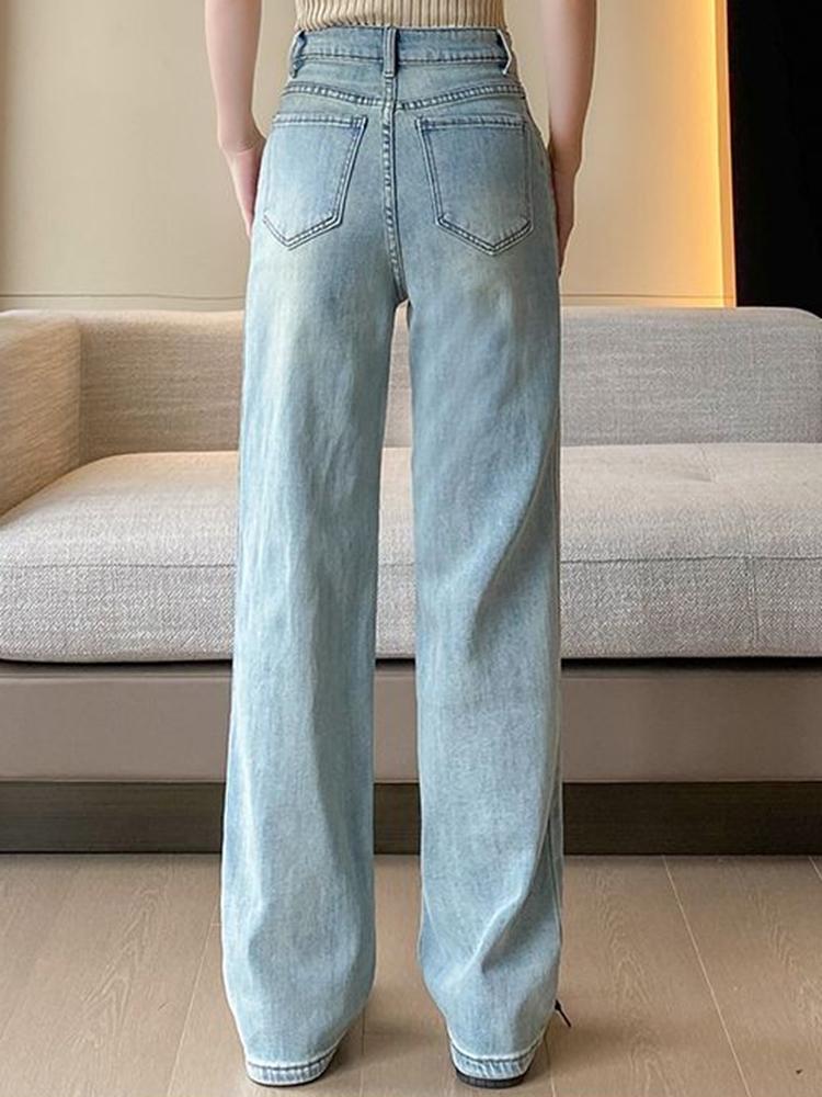 Woman High Waist Embroidery Trousers Lady New Chinese Style Thin Wide Leg Jeans Girls Light Blue Narrow Straight Leg Pants
