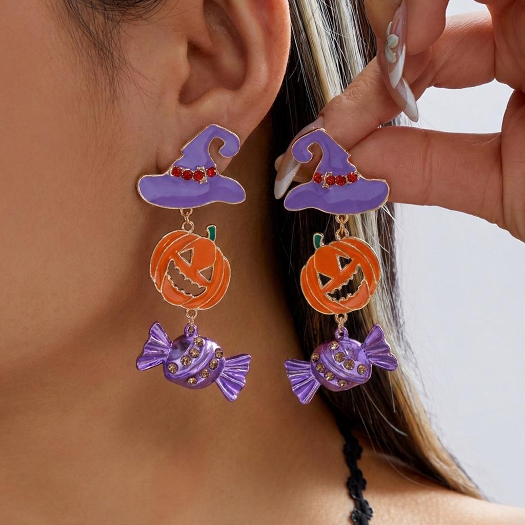 Playful Enamel Witch Hat Pumpkin Candy Dangle Earrings for Women Halloween Statement Earrings Cosplay Party Jewelry Gifts