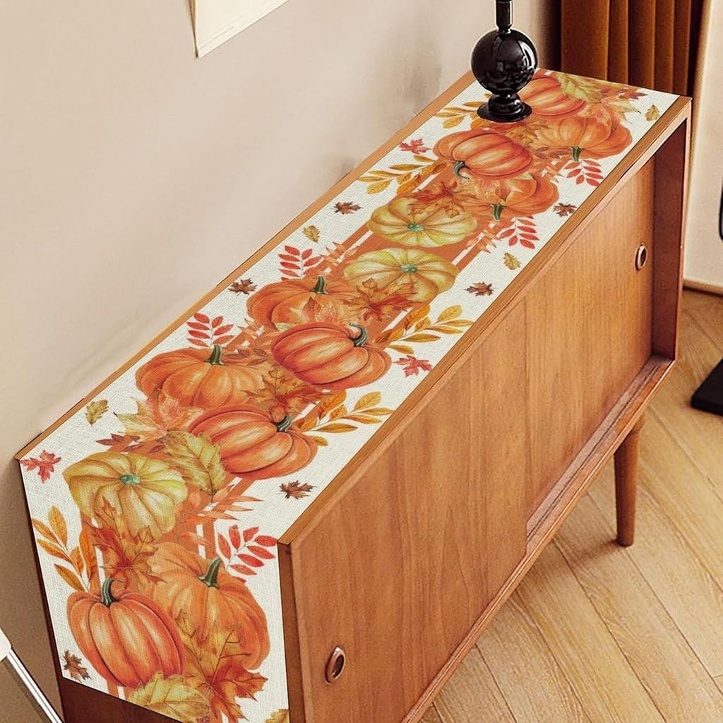 Fall Pumpkin Maple Leaves Linen Table Runner Holiday Party Decor Washable Kitchen Dining Table Runner Autumn Decorations