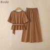 ZANZEA Women Hollow Half Sleeve Blouse and Wide Leg Pants Casual Two Piece Suit Sets