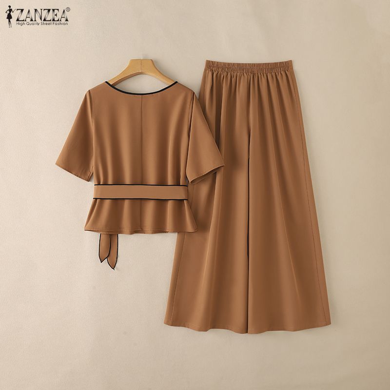 ZANZEA Women Hollow Half Sleeve Blouse and Wide Leg Pants Casual Two Piece Suit Sets