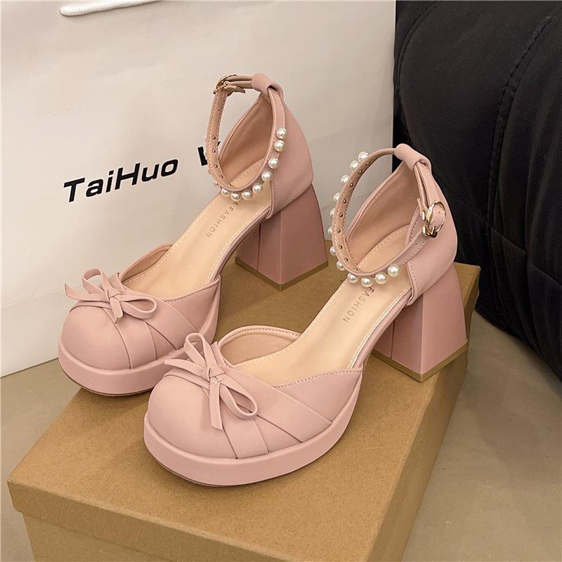 

Французские босоножки на толстом каблуке с бантом женские 2025 лето маленький квадратный носок бант сумка на носке супер высокий каблук женские 40 розовый