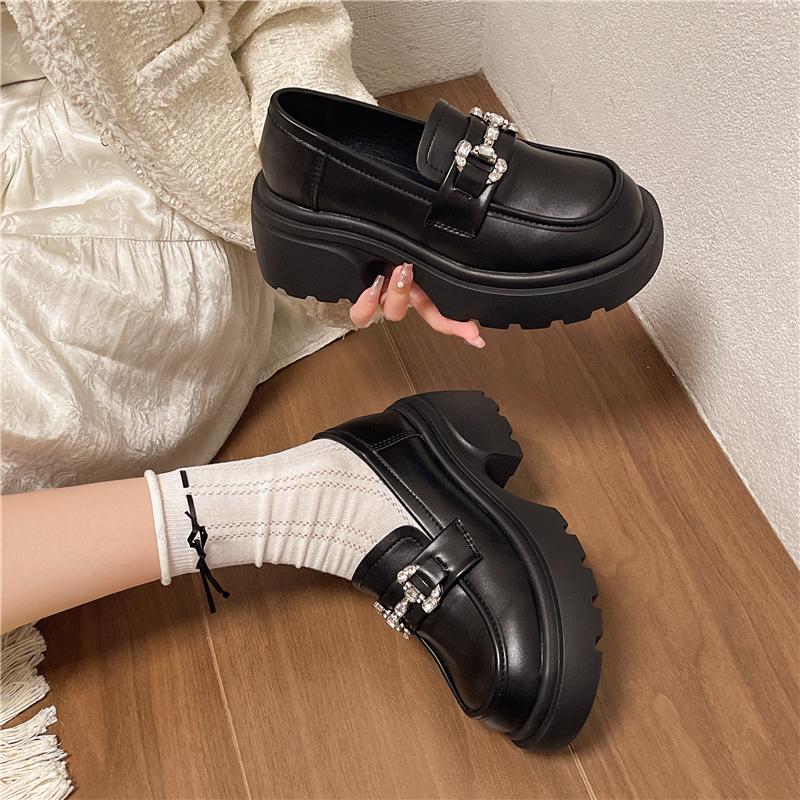 Fashion Women's Oxford Shoes Autumn Leather Slip on Round Toe Shoes Woman Solid Bright Diamond Platform Flats Casual Shoes