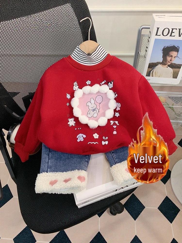 Toddler Girls' Cartoon High-Neck Sweatshirt, Autumn/Winter 2025, Velvet Pullover, Cute and Stylish