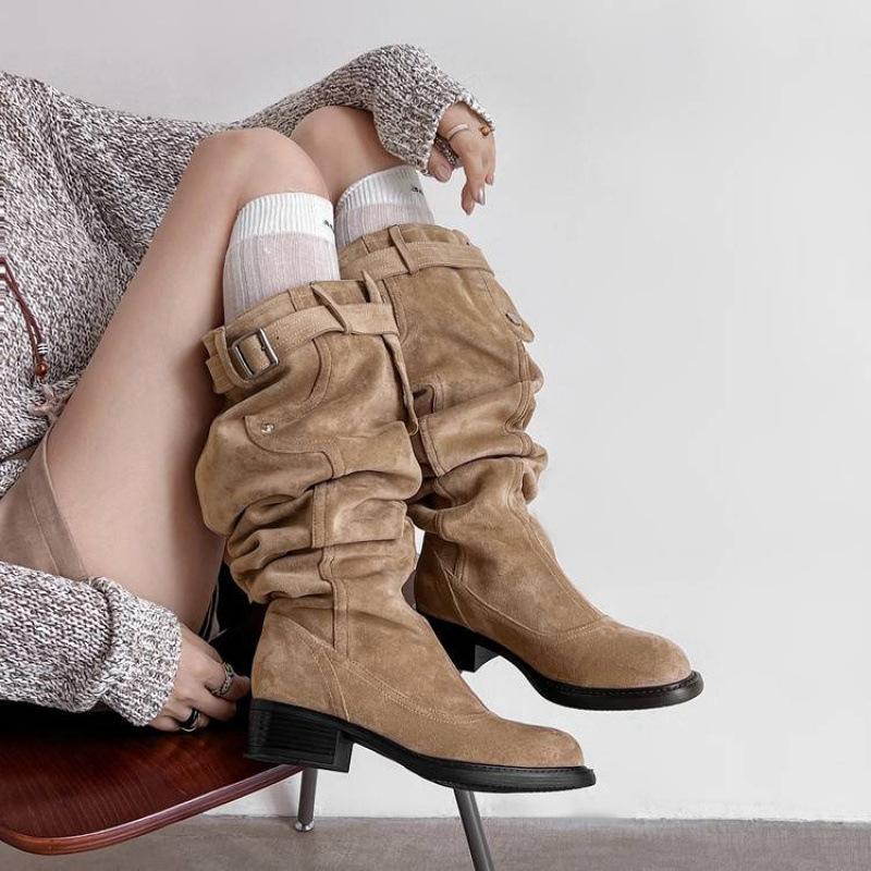 New Versatile Leather Knight Boots Large Size Women's Boots Sleeve Middle Heel Autumn and Winter Round Head Large Tube Circumference Thick Leg Hig