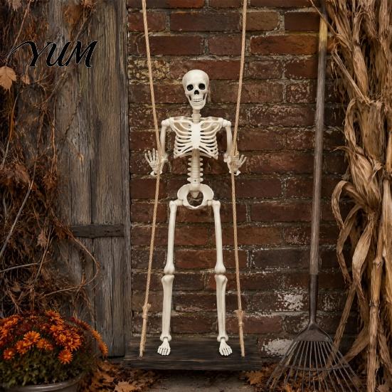 Indoor Outdoor Party Ornament Halloween Swinging Skeleton Decoration, 35" Large Spooky Hanging with Movable Joint Figurine Wooden Swing for