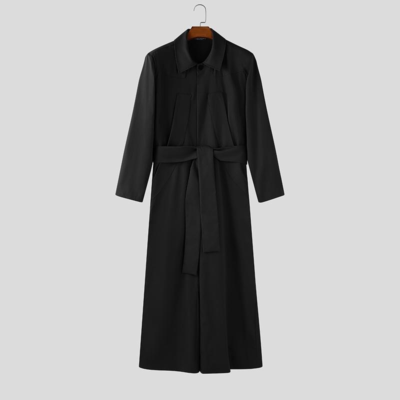 INCERUN Autumn Men Lapel Neck Long Sleeve Belt Waist Jumpsuits Casual Long Rompers
