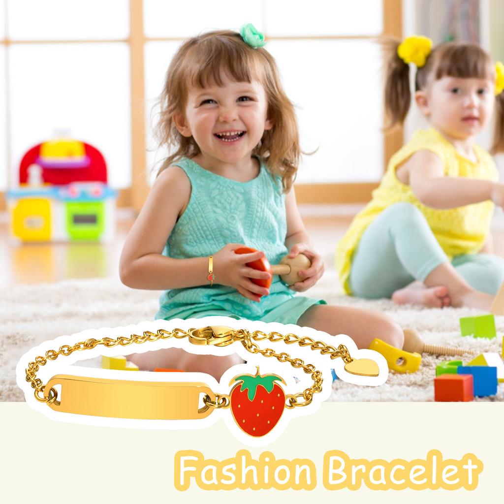 Personalized Strawberry Bracelet, Customized Name Bracelet for Little Boy Girl, Stainless Steel Cute Birthday Gift