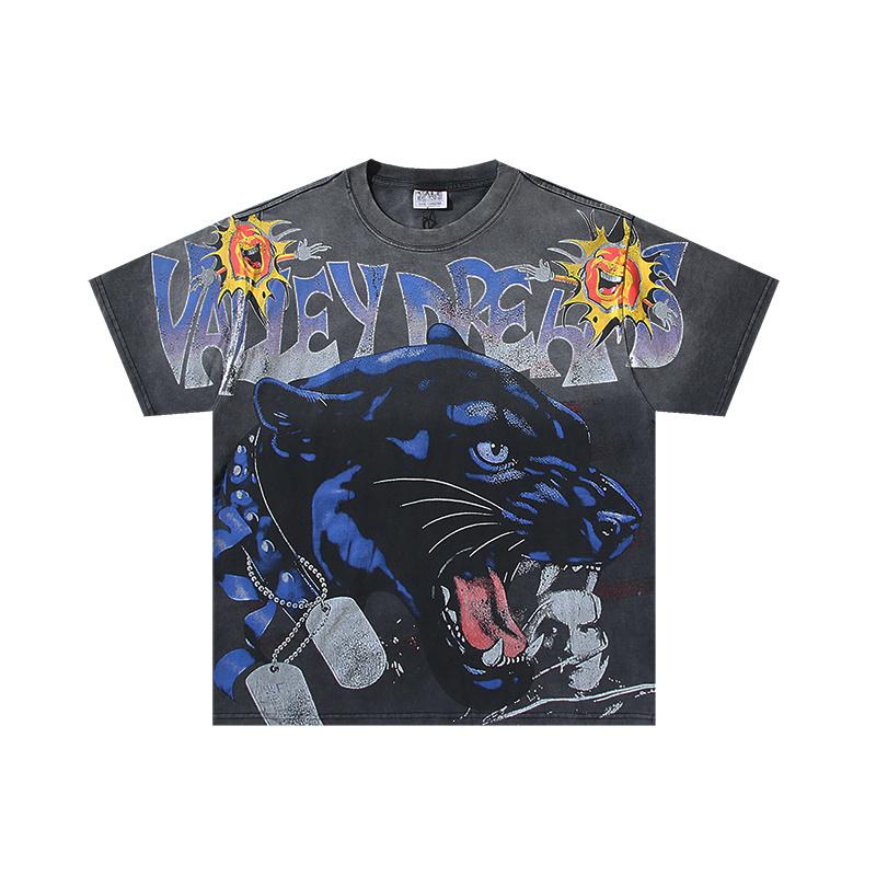 

2026 Summer Unisex Blue Panther Graphic Acid Wash Cotton T-Shirt Casual Streetwear Short Sleeve Tee Men Women S