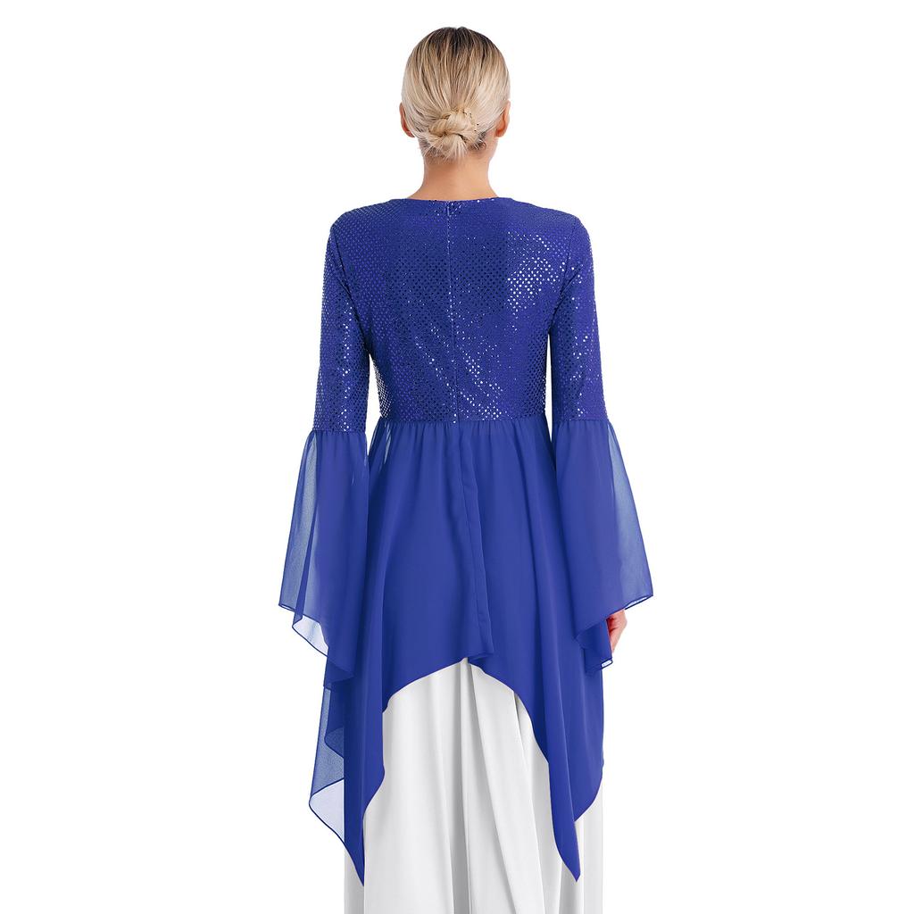 Dámská třpytivá šifonová liturgická tunika na chvály s nepravidelným lemem, vrchní díl na uctívací tanec