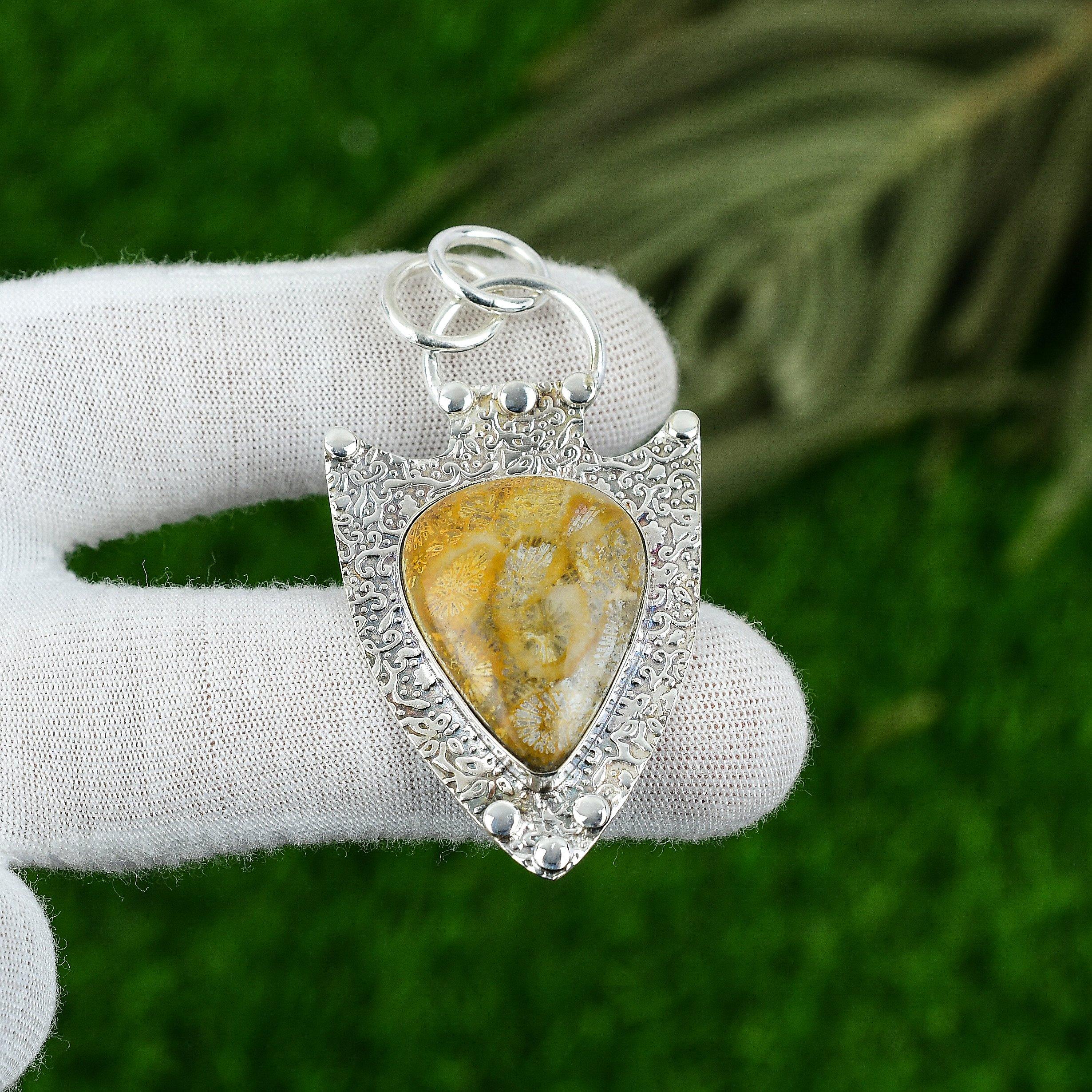 925 Silver Fossil Coral Gemstone Anniversary Wedding Birthday Pendant Jewelry