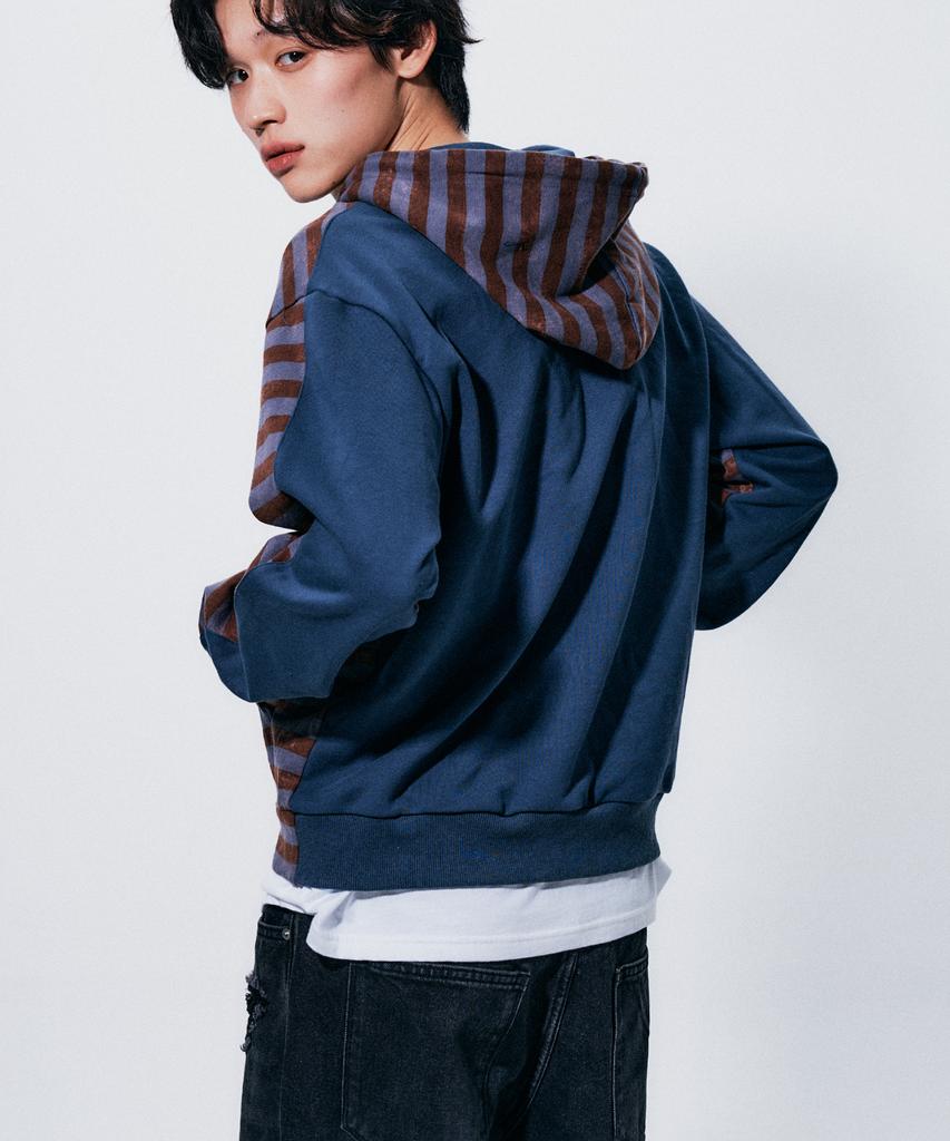 Someplace Man Striped Asymmetrical Layered Color Block Casual Zip-Up [Navy]