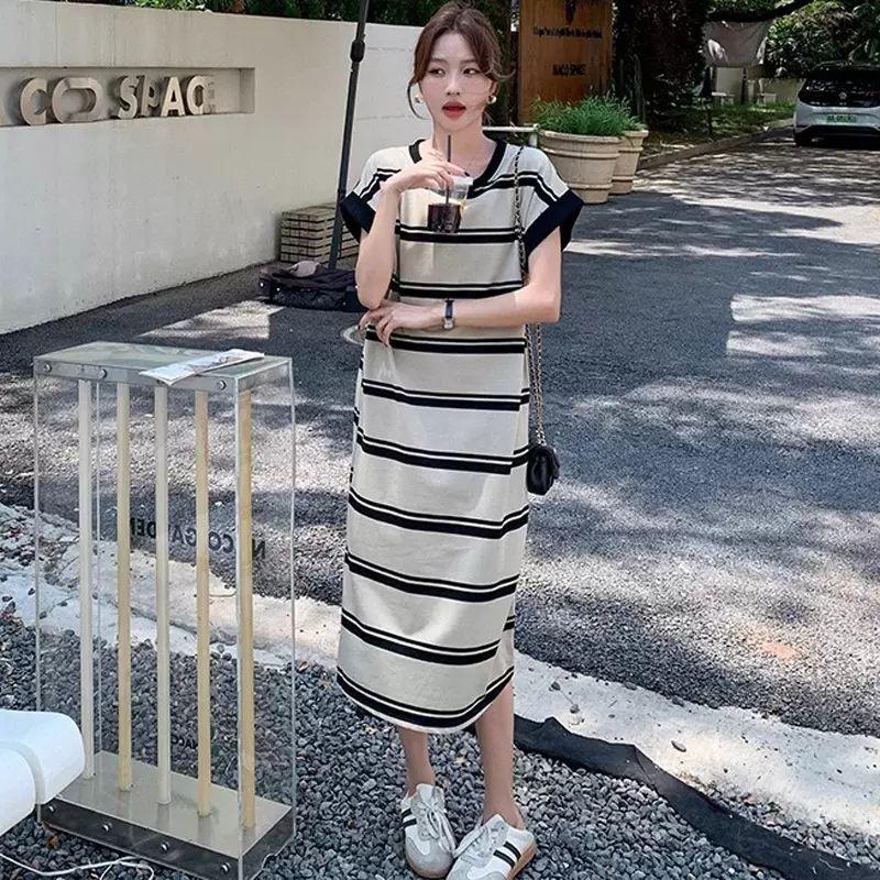 Summer Ice Silk Striped Knee-Length Short-Sleeve Dress Loose Tummy-Hiding Slimming T-Shirt Maxi Dress