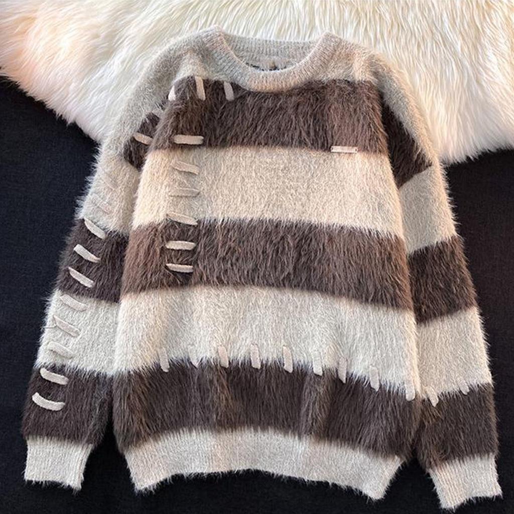 Pulovr Stripe Design Sense Svetr s kulatým výstřihem Ženy Korejská menšina Měkký lepkavý Líný pletený top svetr s dlouhým rukávem Žena