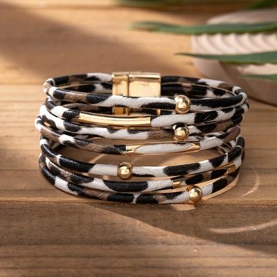 Pulseira Vintage de Tubo de Metal com Couro de Leopardo Para Mulheres Homens Boho Multicamadas Enrolada Larga Pulseira Joia com Pingente