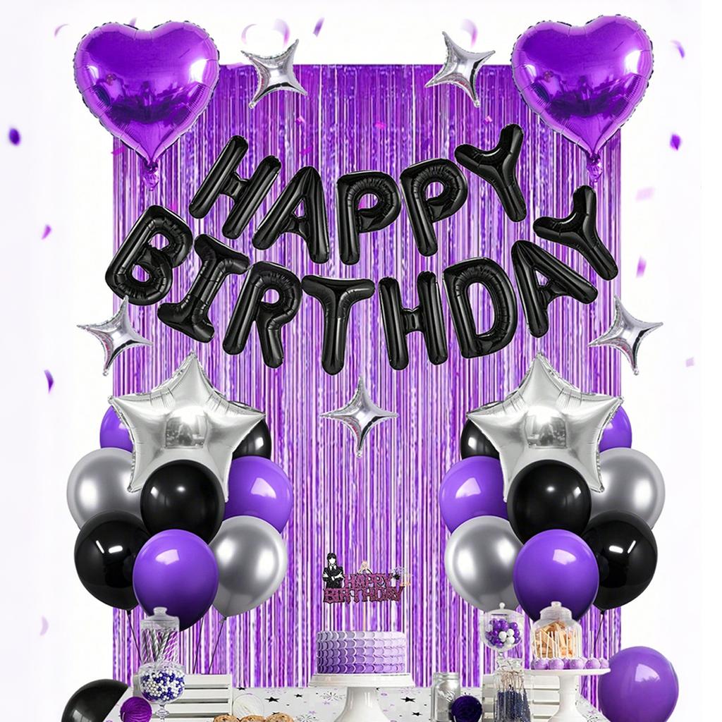 Purple themed black Happy Birthday balloon set includes heart-shaped aluminum foil balloons for birthday party decoration
