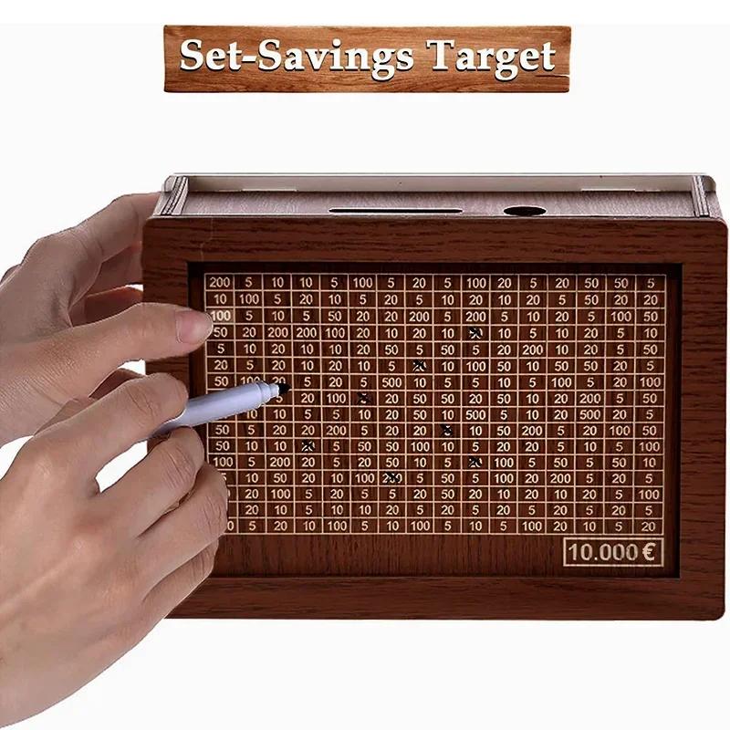 1000/3000/5000/10000 Euro Money Box Wooden Piggy Bank Reusable Money Vault Savings Box Challenge Cash Storage Case Children