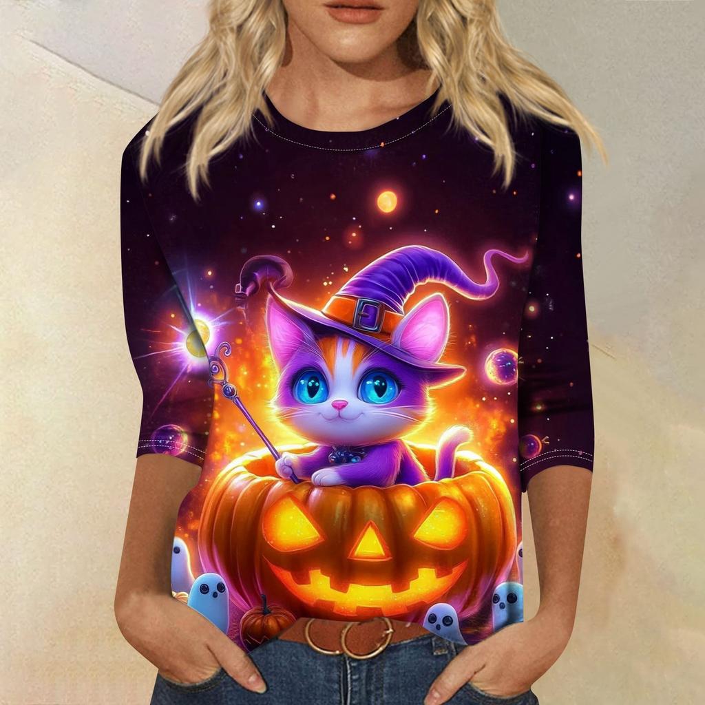 Dámské módní ležérní top s tříčtvrtečním rukávem a halloweenským potiskem, kulatý výstřih