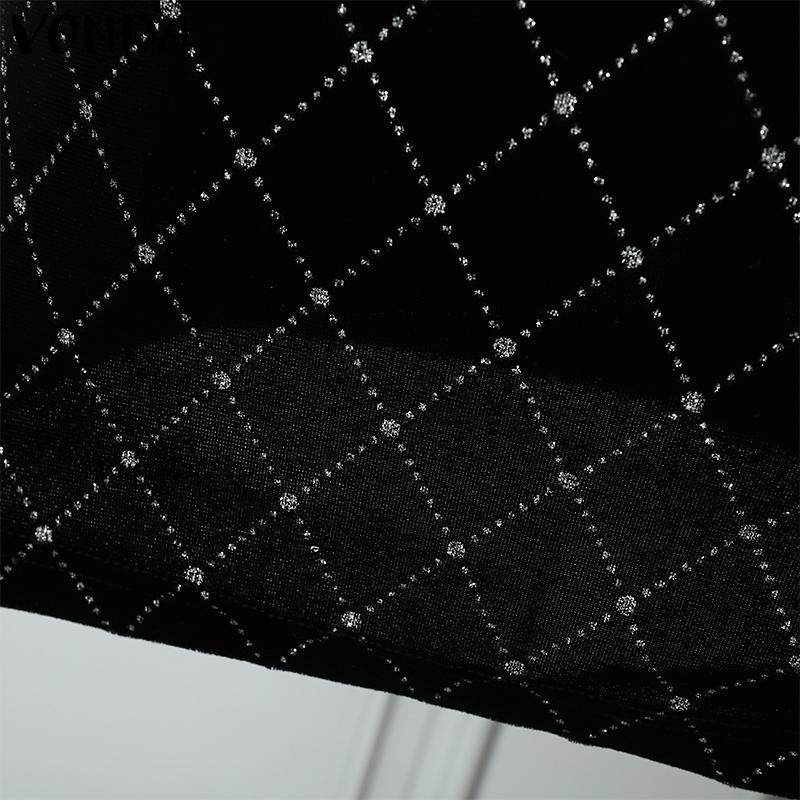 VONDA Women Fashion Solid Color Splicing V-Neck Long Sleeve Dresses