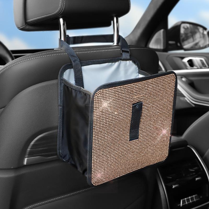 Bling Collapsible Car Trash Can Large Capacity Seat Back Hanging Garbage Storage Bag Organizer For Women Interior Accessories