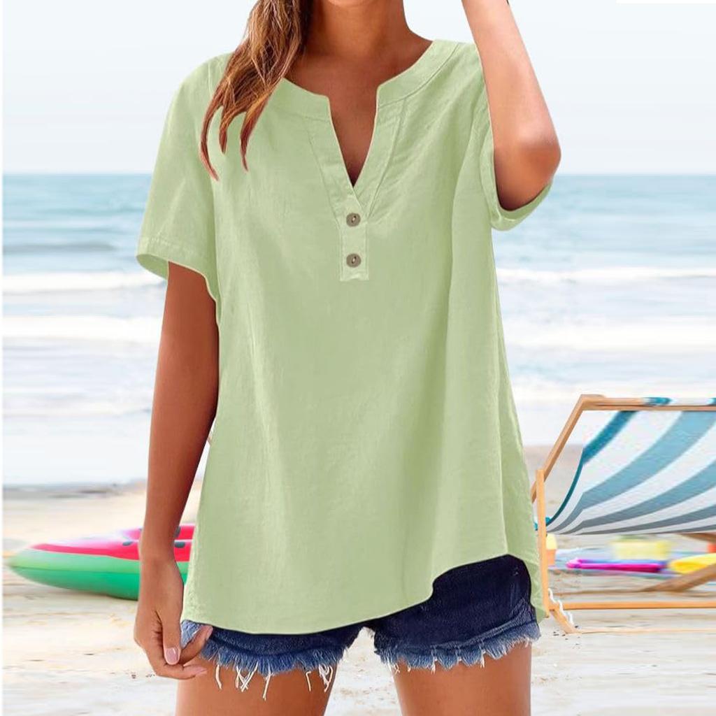 Summer Loose Shirts For Women Short Sleeve V Neck Button Plain Shirt Casual Beach Vacation Clothes For Women