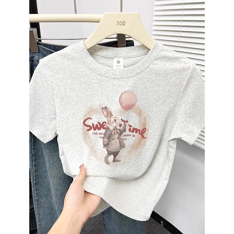 

Women s Summer Cartoon Rabbit Print Off-Shoulder Slimming T-Shirt M білий/сірий колір