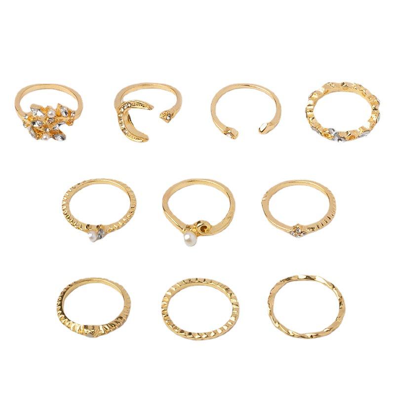10-Piece Moon, Star, Leaf, and Love Rhinestone Ring Set