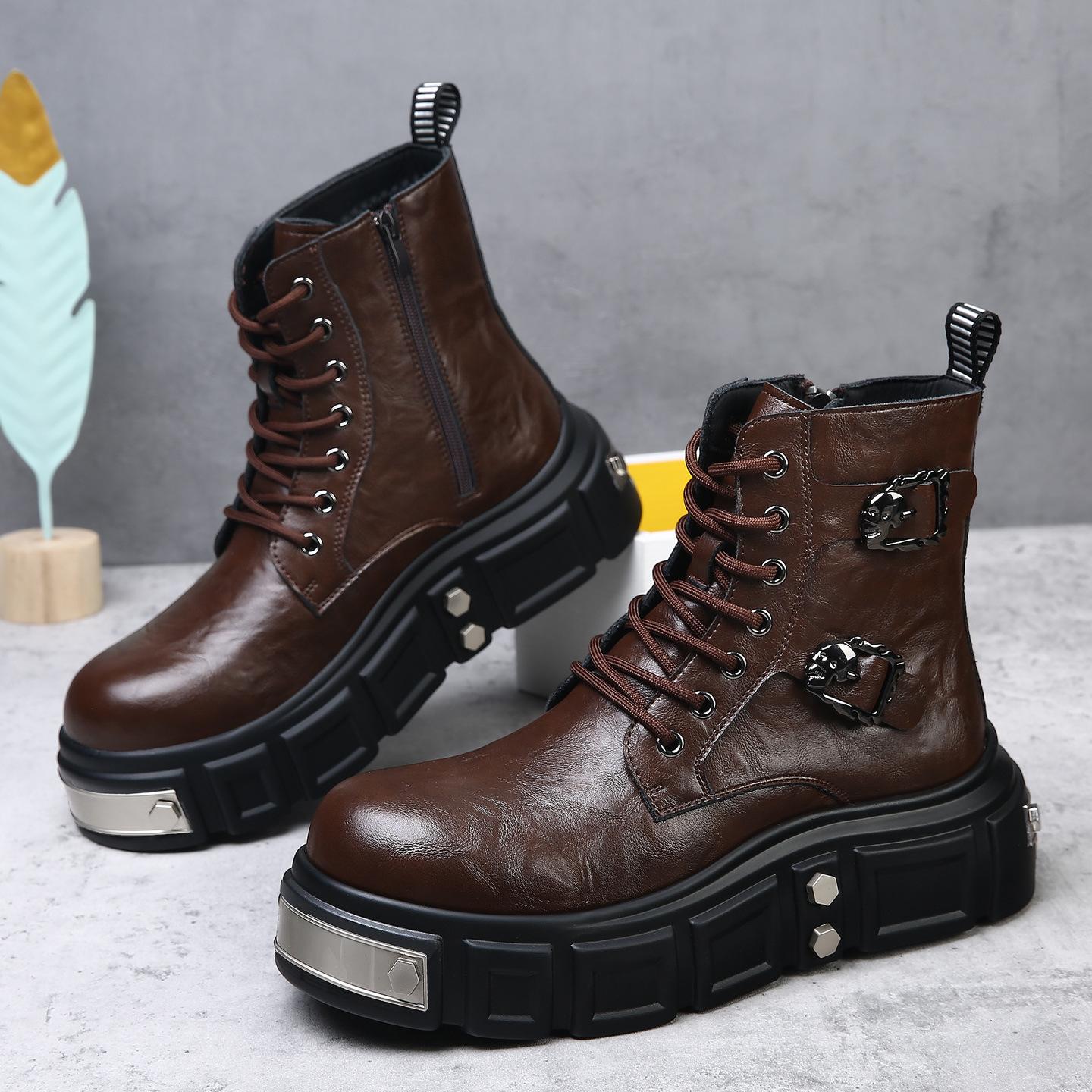 

Мужские кожаные ботинки с высоким берцем 2025 зима новая маленькая модель ботинки Мартина модные повседневные короткие ботинки на толстой подошве с увеличением роста мужские ботинки 44