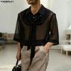 INCERUN Summer Men Lapel Short Sleeve Lace Mesh Sheer Casual Loose Shirts