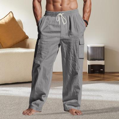 Herren-Baggy-Hose aus Leinen, lässige Hose mit Kordelzug in der Taille, weites Bein, lockere Passform, Sommer-Strand-Yoga-Hose mit Taschen für den Alltag im Urlaub