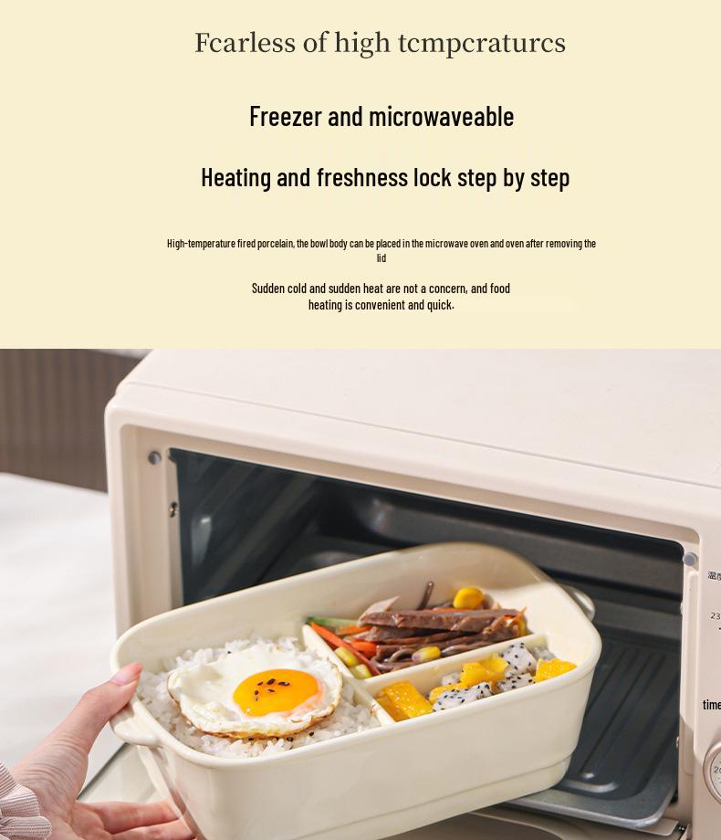 Ceramic Divided Lunch Box with Lid – Microwave Safe Bento Box for Students and Office Workers