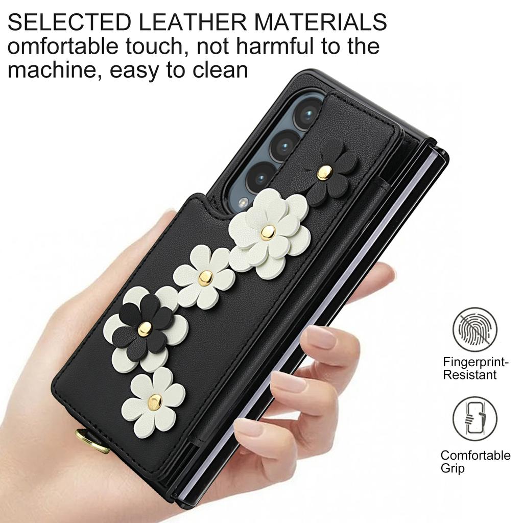 For Samsung Galaxy Z Fold4 5G Case Card Slots Leather Coated TPU Flower Phone Cover with 2 Straps