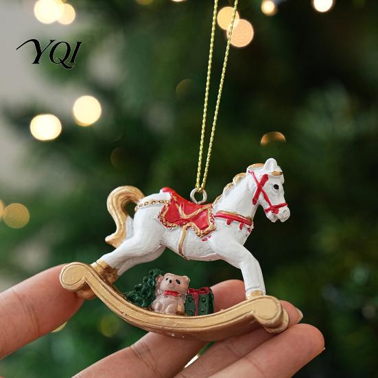 Xmas Window Wall Hangings Rocking Horse Christmas Ornament, Resin Tree Hanging Decoration with Seasonal Trims Bear Gift Box for Holiday Decor