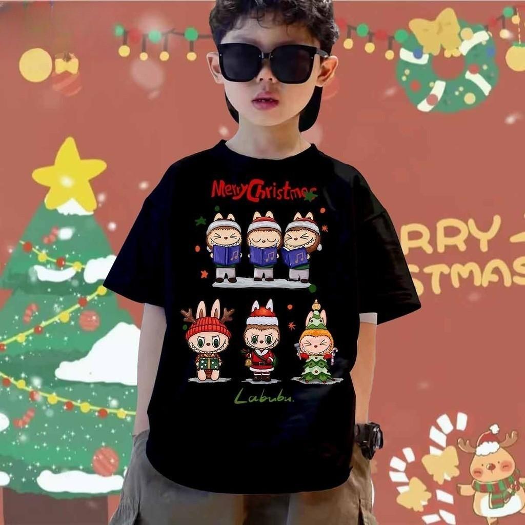 Children's LABUBUT Shirt Casual Loose Boy Round Neck Short Sleeved Cute Cartoon Pattern Clothing