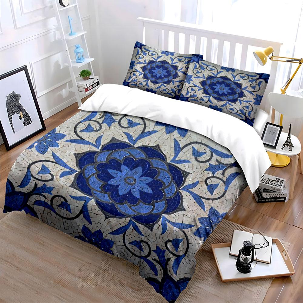 Blue Floral Mosaic Pattern Bedding Duvet Cover Set Duvet Cover Pillowcases  (1*Duvet Cover 2*Pillowcases, Without Duvet Insert)