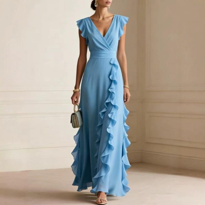 Elegant V-Neck Solid Color A-Line Midi Dress Women Sophisticated Wrap Detail Sleeveless Occasion