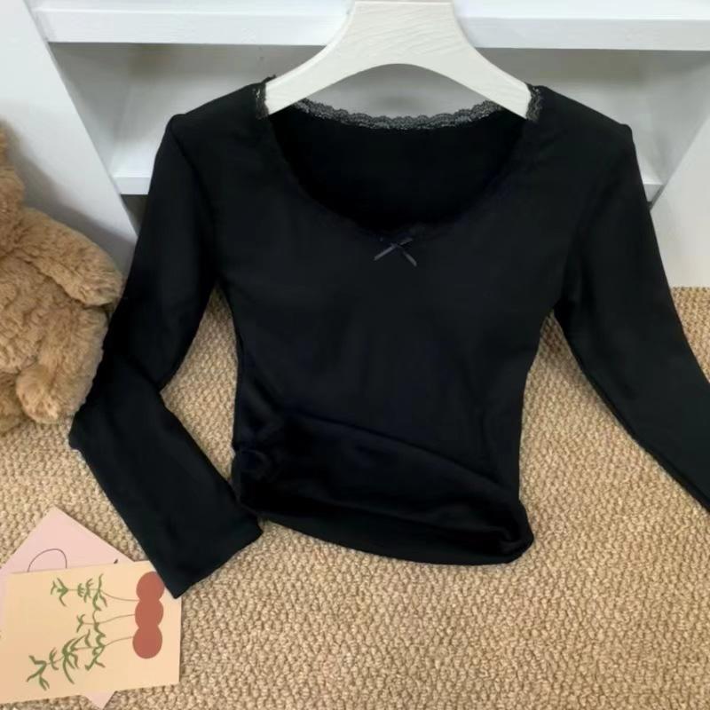 Women's White Lace Long Sleeve Slim Fit T-Shirt - Sweet & Spicy Autumn/Winter Top