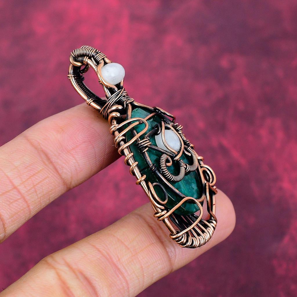 Evil Eye Faceted Zambian Emerald Pendant Copper Wire Wrapped Gemstone Jewelry