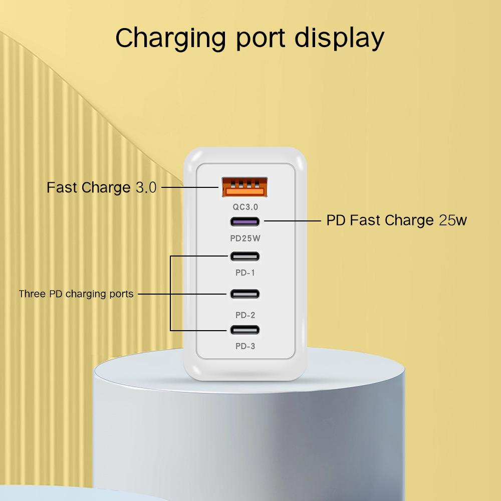 120W Multi-Port Fast Charger - 4 Ports + USB, Compatible with Xiaomi, Apple, Type-C; EU, US, UK Standards