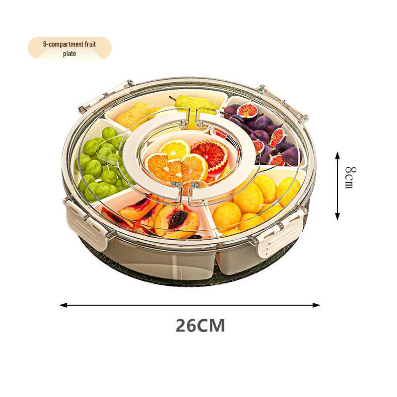 Six-Compartment Rotating Fruit Plate with Handle, Moisture-Proof Lid, Dried Fruit & Spice Box, Round Snack Container