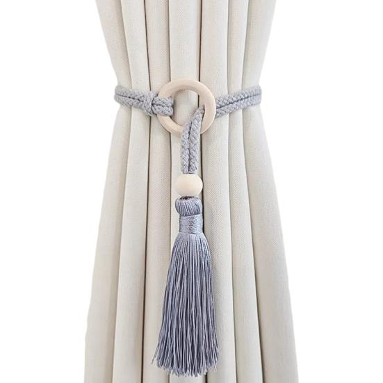 Bohemian Curtain Tiebacks Handwoven Rope with Tassels & Wood Beads Decorative Window Holdbacks for Living Room Bedroom Home Decor