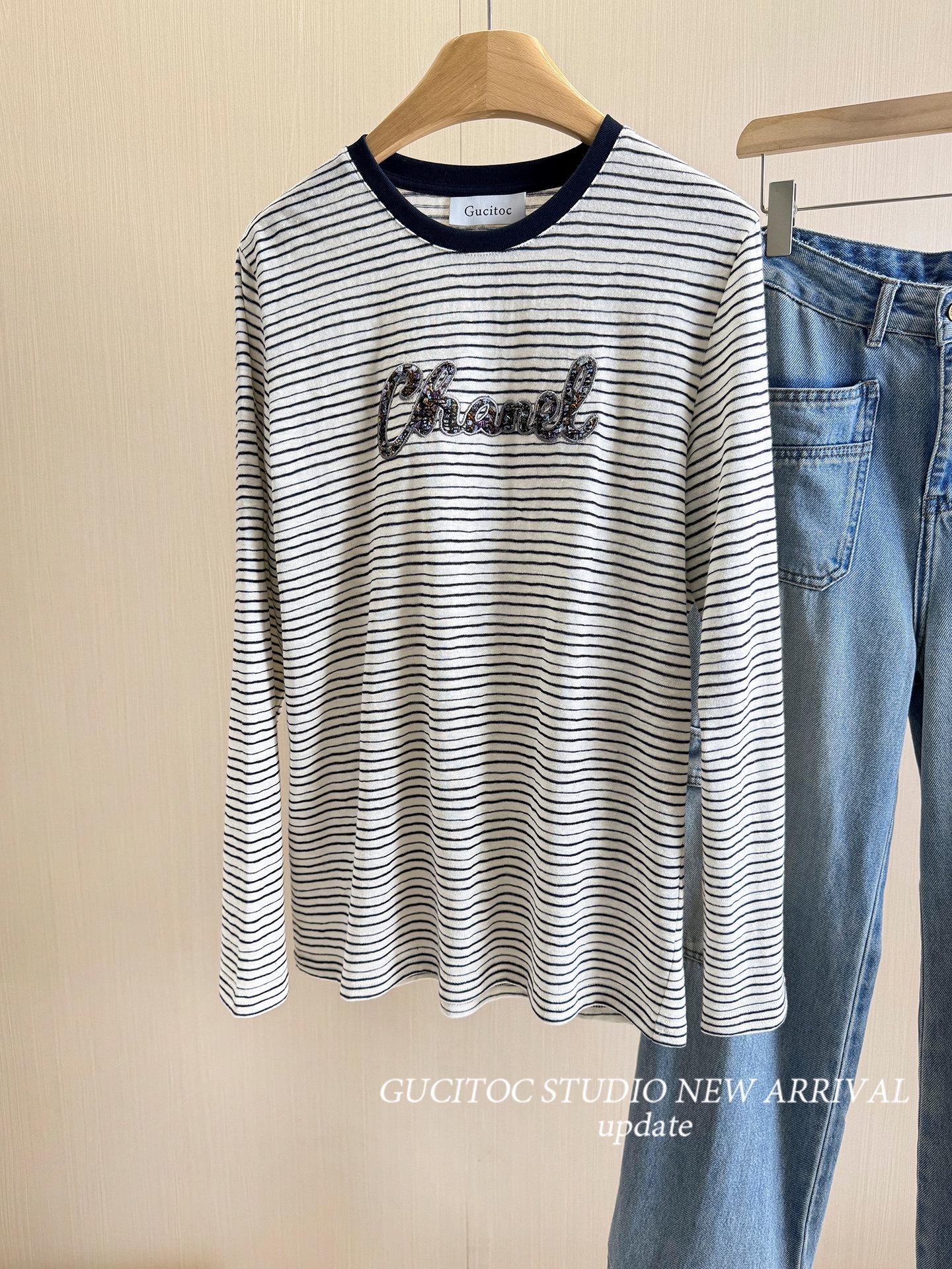 Women s Spring Rhinestone Embroidered Striped Long Sleeve T-Shirt - Loose Fit Large