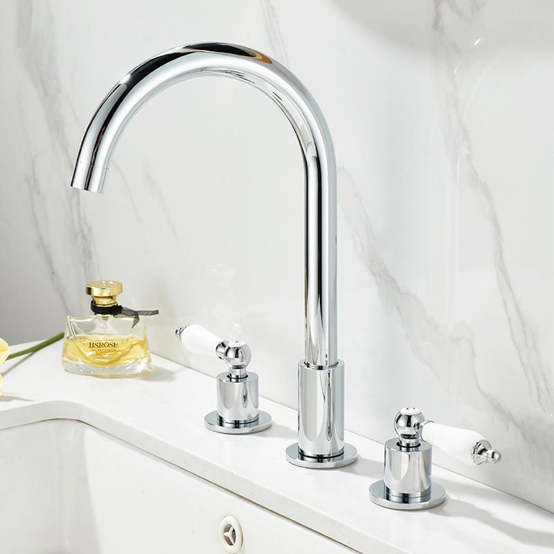 Tuqiu Gold Bathroom Faucet Brass Widespread Basin Faucet Brass Sink Faucet 3 Hole Double Handle Hot & Cold Wash Faucet Water Tap