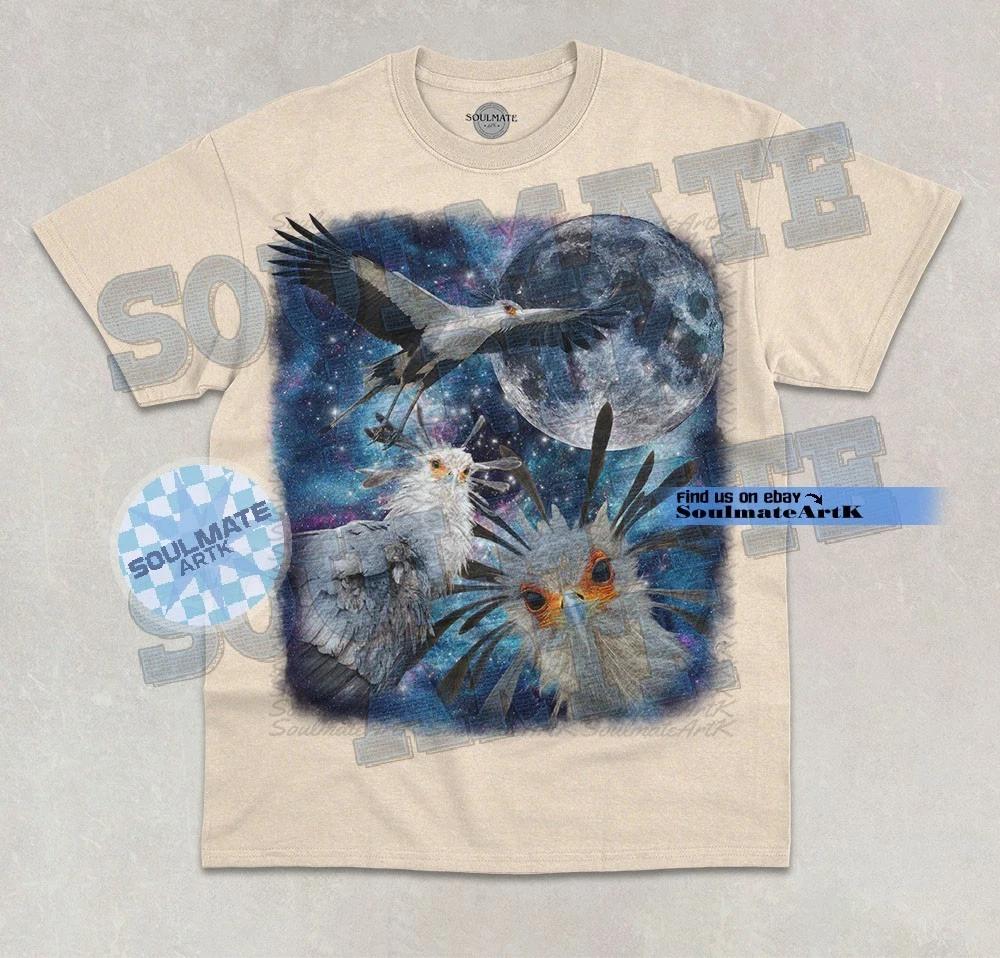 Three Secretary Bird Moon T-Shirt Cute Retro Moon Bird Graphic Unisex Shirt 2XL