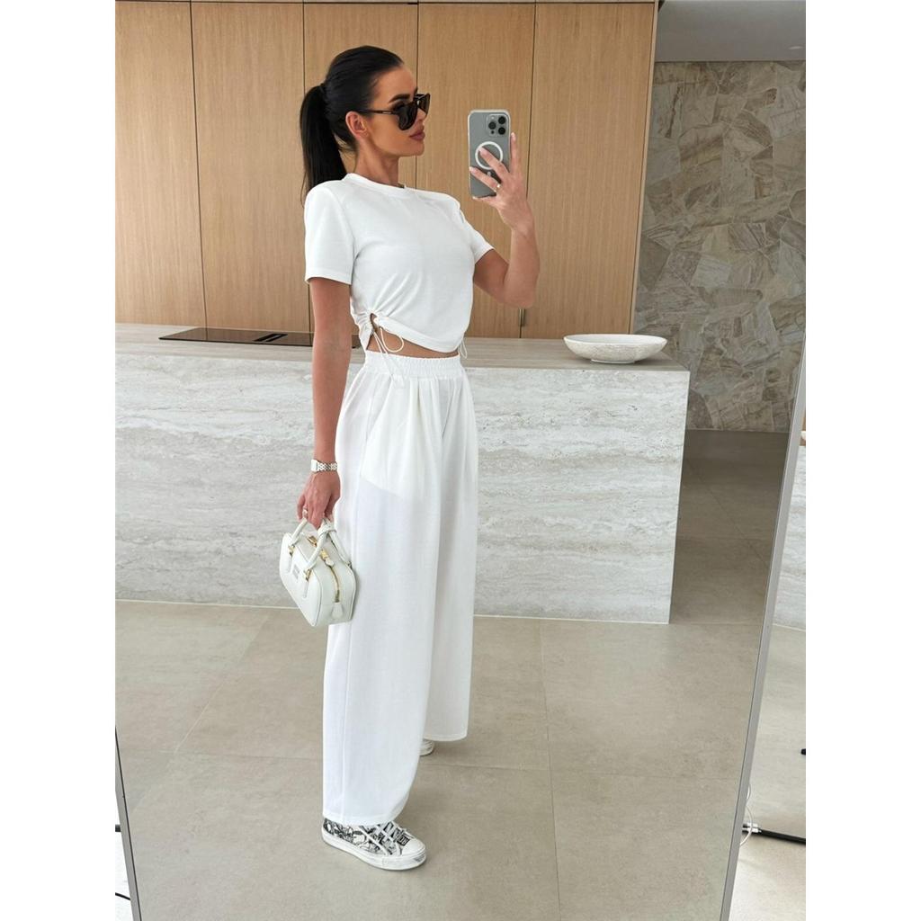 Lato Nowa Moda Casual Jednolity Kolor Garnitur T-shirt Szerokie Nogawki Spodnie Zestaw Dwuczęściowy Dla Kobiet