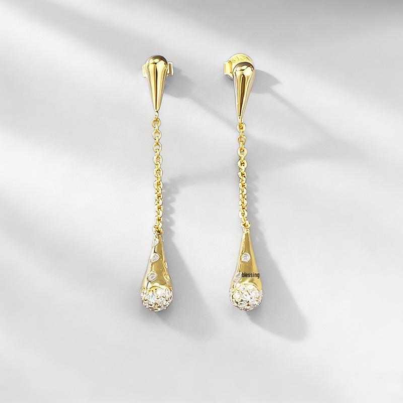 Xian Can Jewelry 2025 Inlaid Tassel Earrings: S925 Silver Gold Water Drop Studs for Elegant Evening Wear S925 Silver