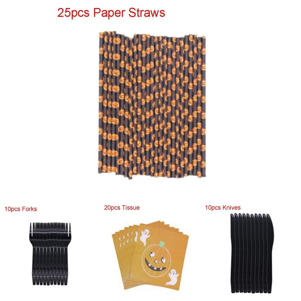 Happy Halloween Party Decoration Supplies Pumpkin Tablecover Straws Paper Plates