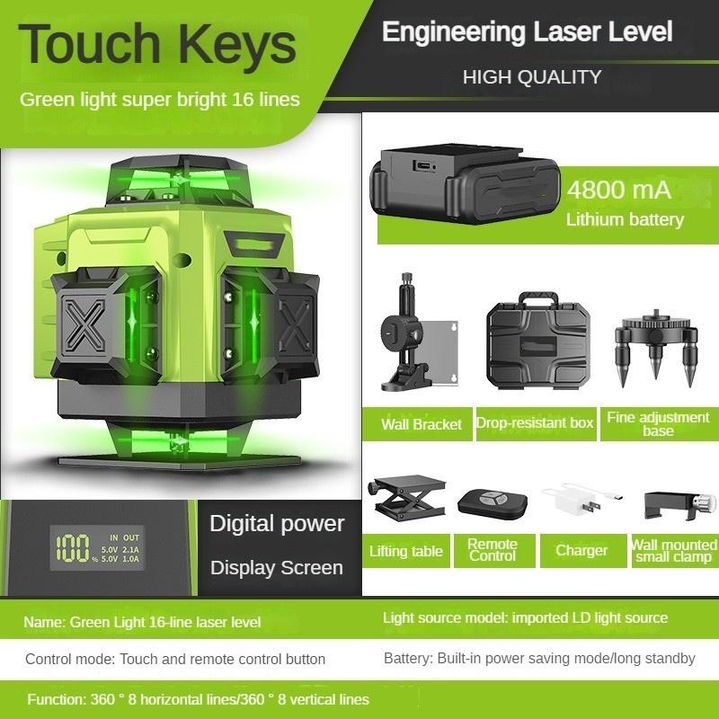 4D 12/16 Line Green Light Laser Level  360° Horizontal Vertical Cross Measure Tool Automatic Self Leveling Laser Projector