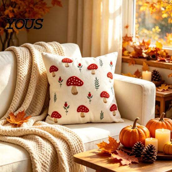 Autumn Theme Home Accents Embroidered Pillowcase, Mushroom Leaf Throw Pillow Cover, 18"x18" 20"x12" Seasonal Fall Cover Farmhouse for Sofa Bedroom