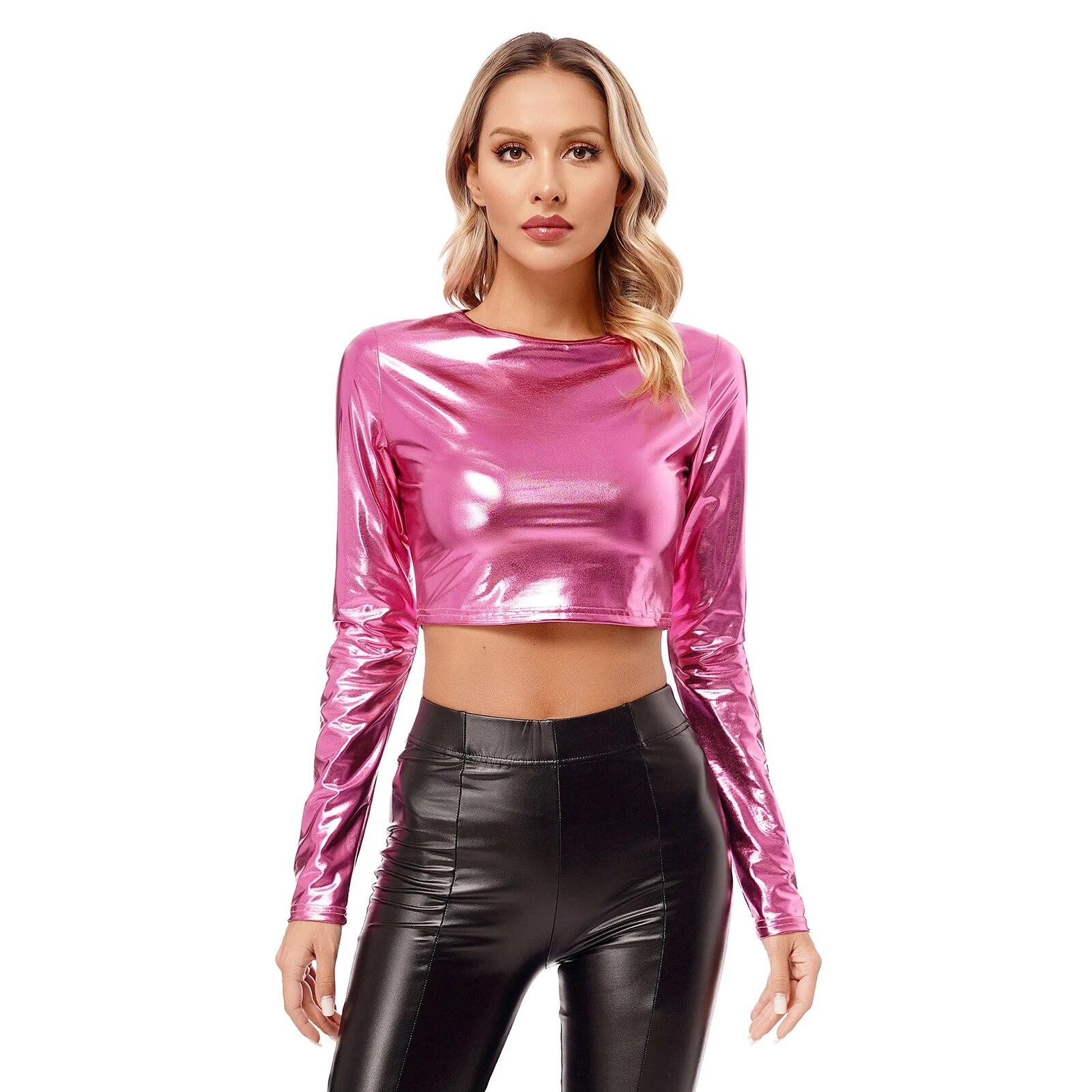 

Жіноча металева футболка з довгим рукавом Модний блискучий топ Slim Fit з імітацією горловини Коктейльна танцювальна вечірка Клубний музичний фестивальний костюм L